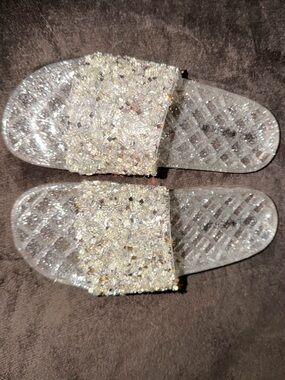 Fashion Nova Clear Glitter Crystal Embellished Slide Sandals